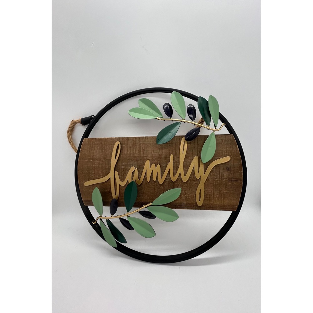 Round Family Wall Sign Rustic Wood Metal Olive Branch Farmhouse Decor 12 Inch